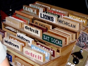 Detroit themed wooden blocks were for sale   