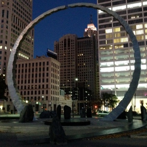 A view of Detroit office buildings from Hart Plaza